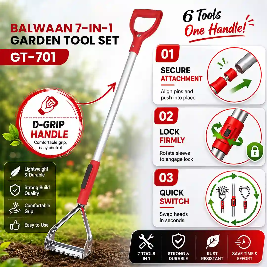Balwaan GT-701 heavy-duty 7-in-1 garden tool kit for farming and home gardening
